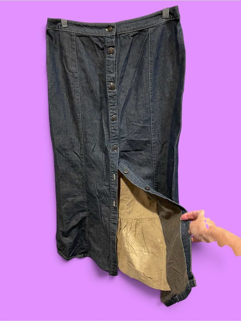 Cute vintage 90s cotton denim prairie button front maxi skirt festival